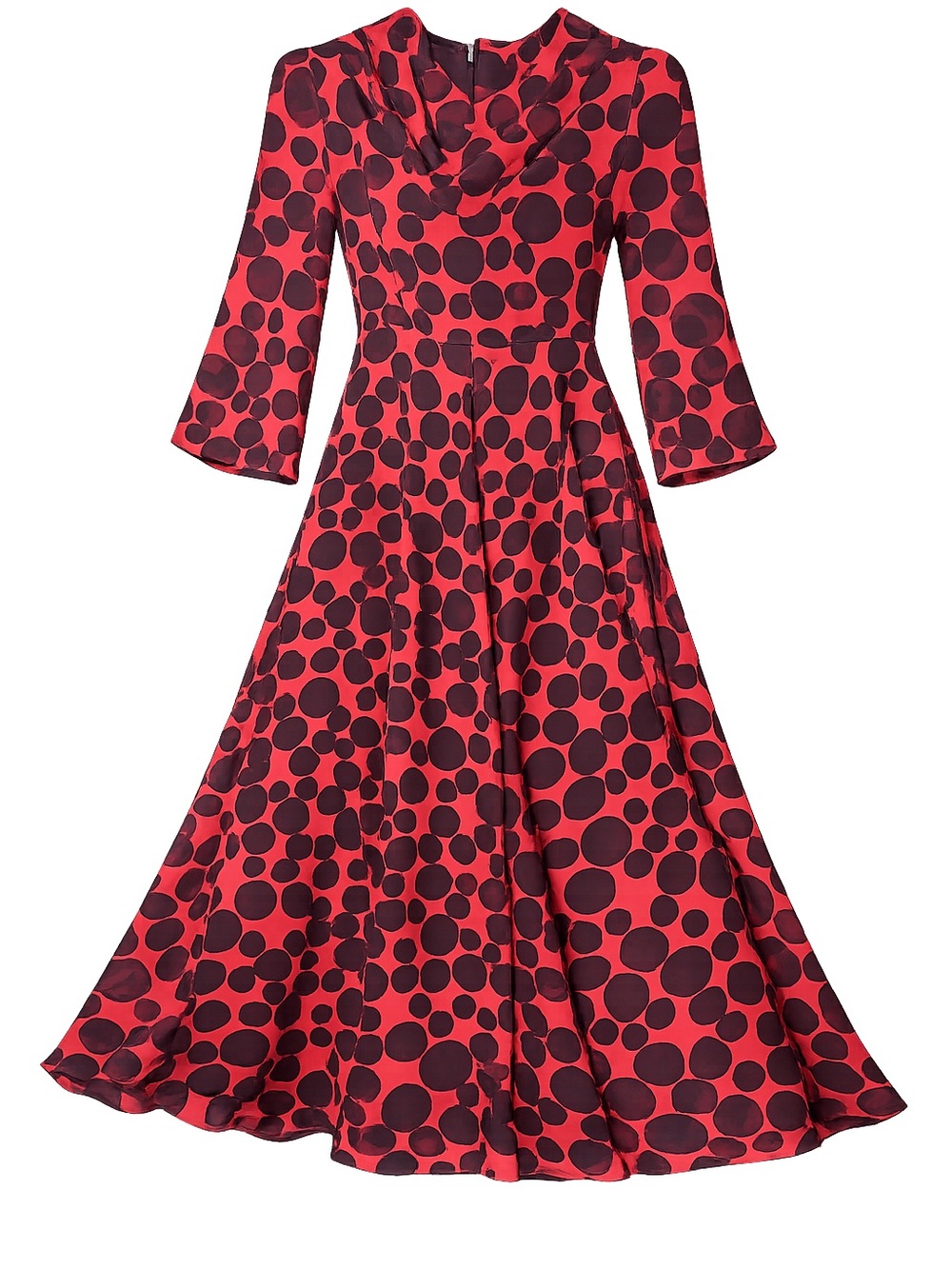 Red Polka Dot Long-Sleeve Fit & Flare Chiffon Dress